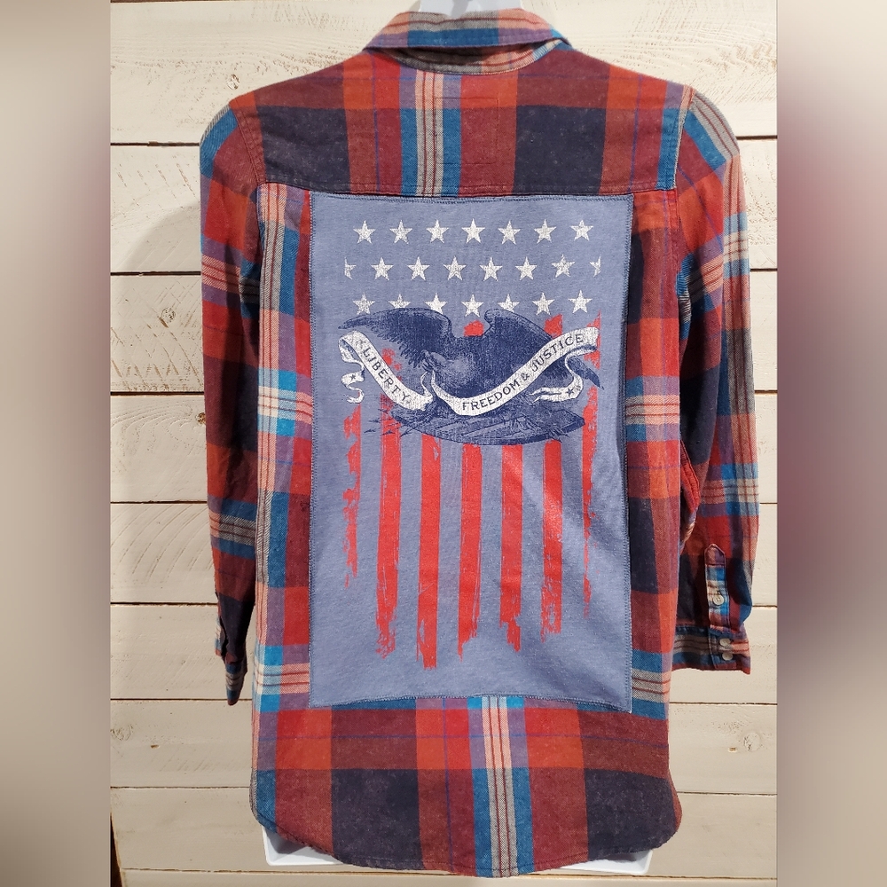 Upcycled / Recycled Plaid Shirt With Patriotic Embellishment